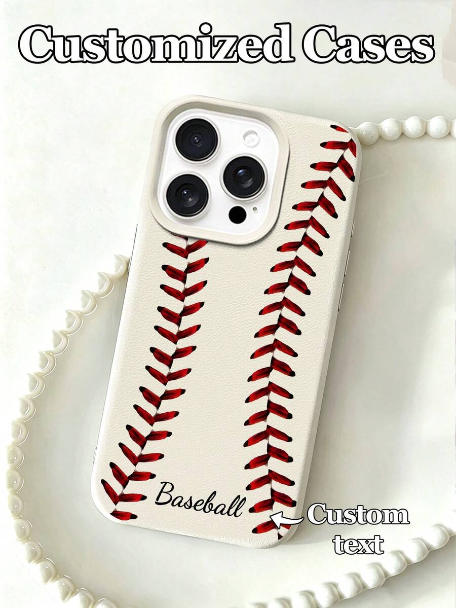 1pc Customizable Text, Baseball Classic Red Stitching Design Phone Case, Compatible With IPhone 15 Pro Max/16E/14 Plus/13/12/11, S24/20 Ultra, Compatible With Redmi Note 13 Pro Plus, Made Of TPU Material, Best Gift For Baseball Fans,International Version, Not The Domestic Version - White - View 1