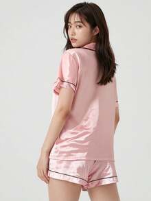 Mystèrelle [Elegant Fields]2pcs/Set Satin Pajama Set For Women, Short Sleeved Turn-Down Collar Top And Bowknot Shorts, Home Clothing, Two Pieces Set - Pink - View 2