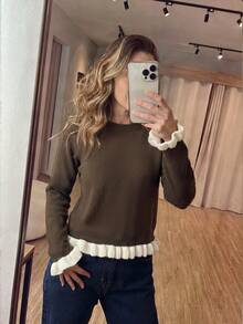 Women's Casual Brown Vintage Round Neck Long Sleeve Colorblock Ruffle Knit Pullover Sweater, Autumn/Winter Back To School Outfit Fall - Brown - View 5