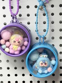 1 Set Dopamine Flocked Rabbit Flocked Doll With Round Transparent Bag Charm, Fur Ball Silicone Lanyard Bag Pendant, Birthday Gift, Party Favor - Multicolor - View 4