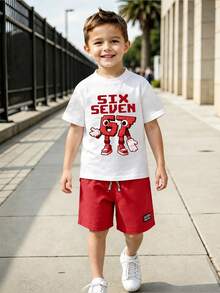 Cartoon Print Short Sleeve T-Shirt And Shorts Set For Young Boy - Red - View 1