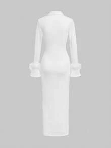 Elegant Daily Date Commute Slim Fit Long Sleeve Knit Dress, Winter Dress - White - View 2