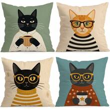 4pcs/1pc Artistic Cat Illustration Pattern Pillow Case, Single-Sided Print Pillow Case, Suitable For Living Room Bedroom Home Decor, All Season Pillow Case - Multicolor - View 1