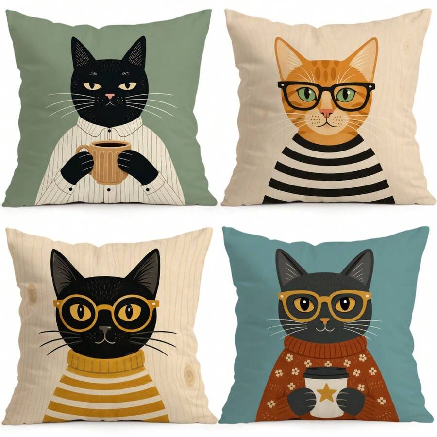 4pcs/1pc Artistic Cat Illustration Pattern Pillow Case, Single-Sided Print Pillow Case, Suitable For Living Room Bedroom Home Decor, All Season Pillow Case - Multicolor - View 1