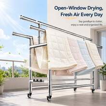ERUIV Foldable 3-Tier Clothes Drying Rack, Drying Rack For Clothes, Towels And Bedding, Mobile Clothes Rack With Wheels, Space-Saving, Rollable And Easy To Move, With Wind Protection Strips, Ideal For Balcony, Bedroom, Bathroom And Outdoor Areas - 38-tube Folding Three-bar Clothes Hanger - View 8