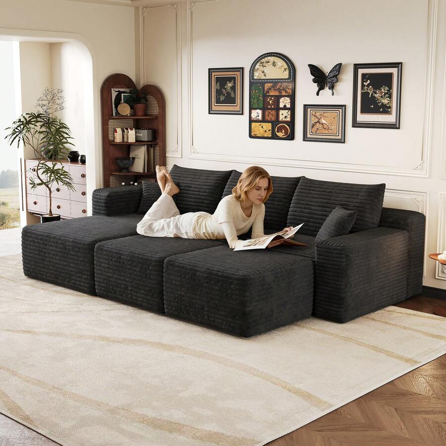 Sofa Black Made Of Fabric For Living Room - 黑色 5 座 - 查看 1