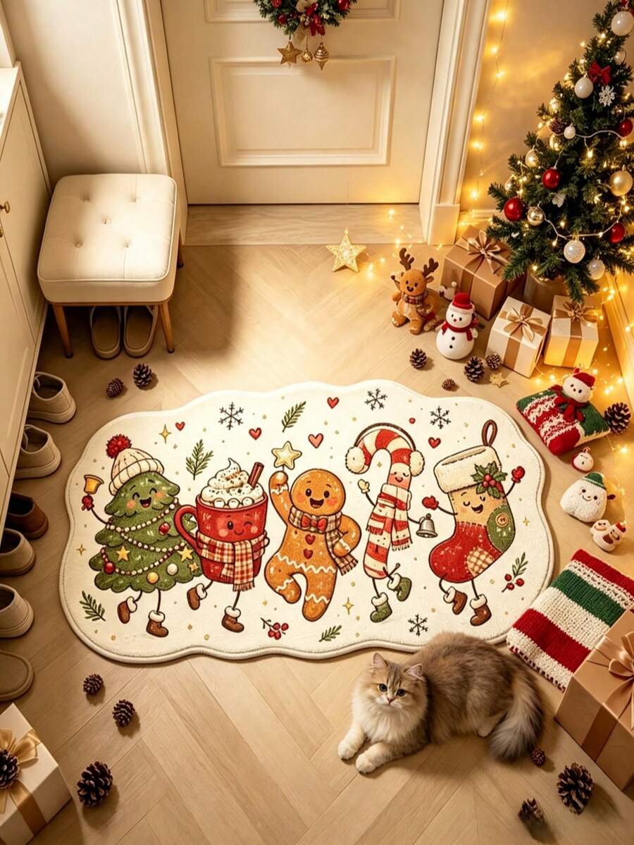 1pc White Doll Pattern Decorative Rug, Living Room Carpet, Kitchen Mat, Bedroom Rug, Bathroom Mat, Christmas Decor Kitchen Rug - Multicolor - View 1