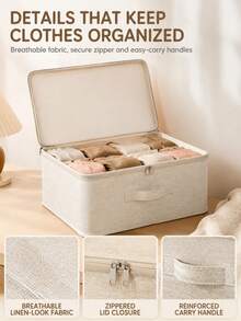 Foldable Linen Storage Box With Zipper Lid, Washable Dust-Proof Clothing Storage Bin With Handle, Collapsible Wardrobe Organizer, Suitable For Underwear, Clothing, Bedding And Miscellaneous Items - Beige - View 4