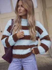 Women Fall Winter Sweater New Style -Basic Tops - CasualFashion Versatile -Colorful StripedContrast CollarLoose Long SleeveKnit Top - Going Out Tops - Multicolor - View 2