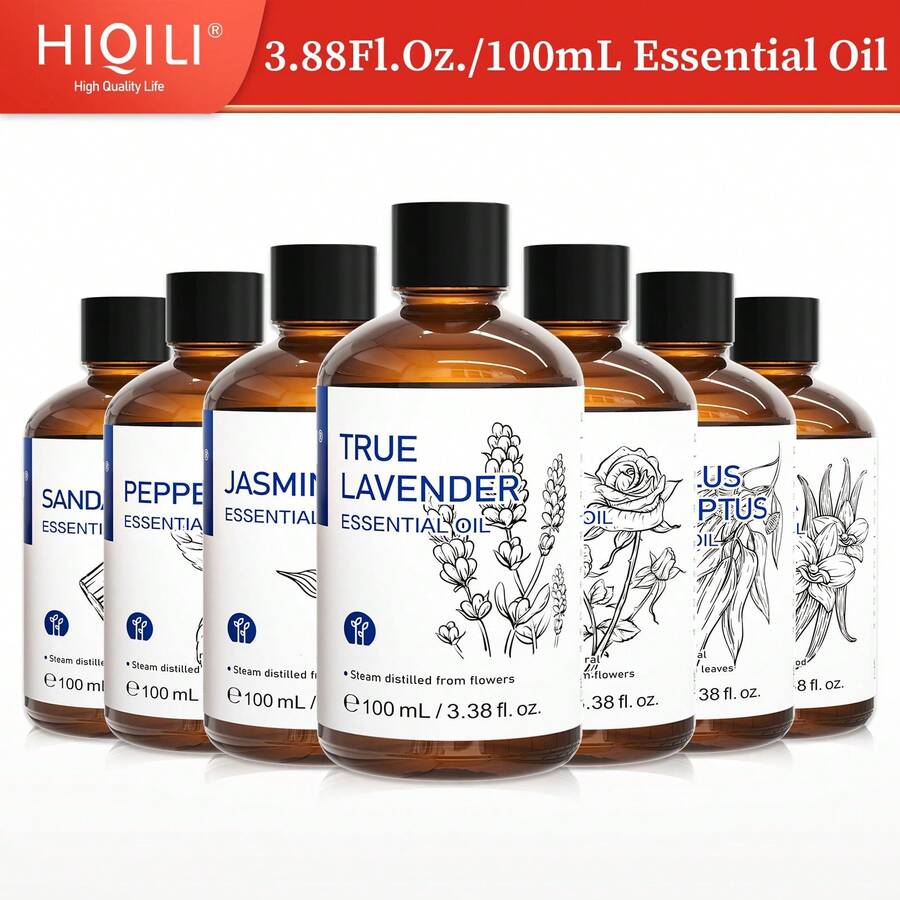 HIQILI 100mL/3.38Fl.Oz. 精油附滴管與旅行瓶，薰衣草、茉莉、尤加利、玫瑰、薄荷、香草油，適用於香氛擴香機、加濕器、護膚、護髮、沐浴、DIY香氛、按摩、放鬆、手工皂與蠟燭製作