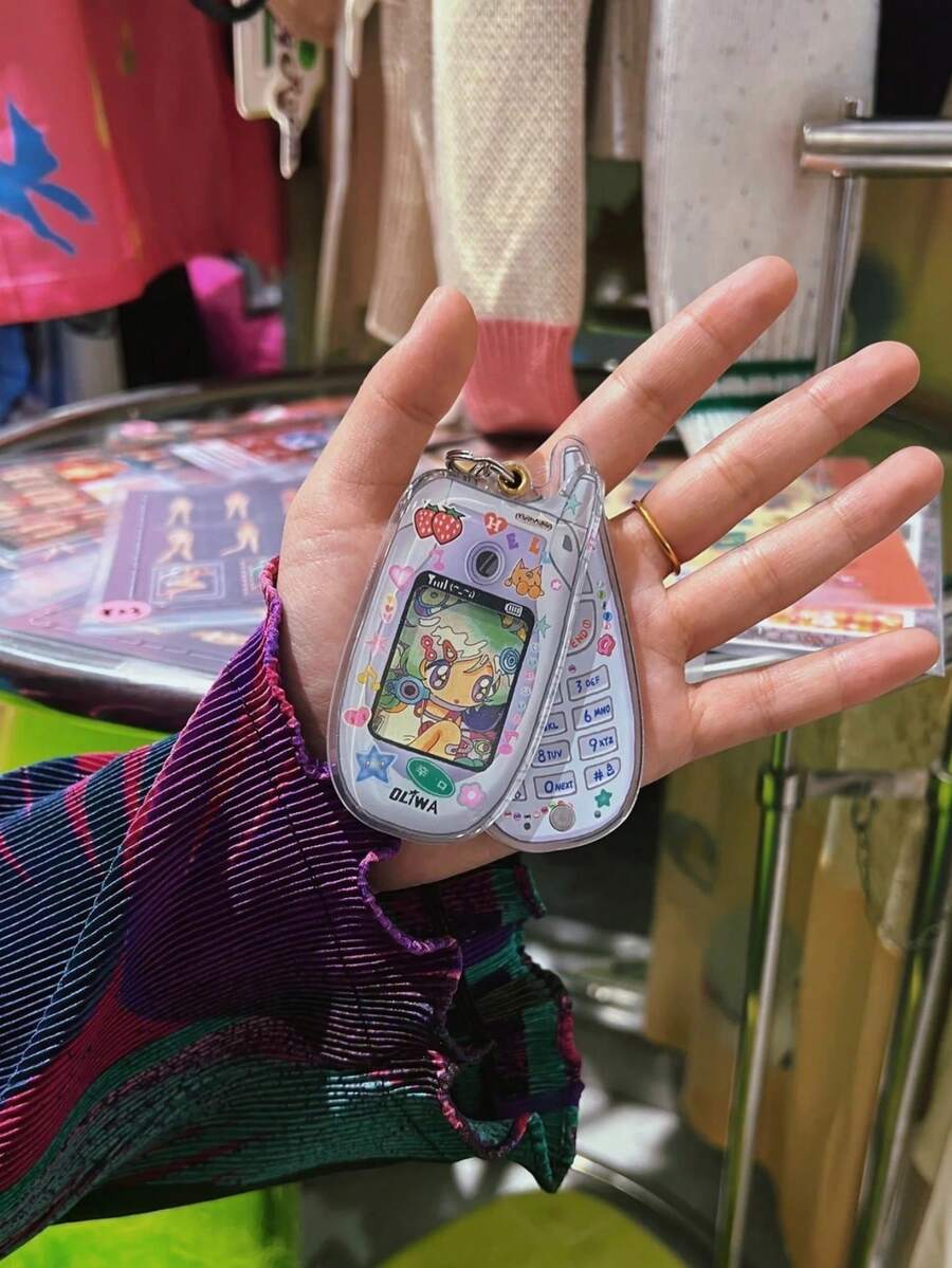 Vintage Y2K Flip Phone Photo Card Holder Keychain: Cute Cartoon Acrylic Pendant Suitable For Backpack, Korean Style Idol Photo Frame (Photo Not Included) - Multicolor - View 1