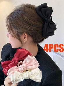 4件裝純色緞面大蝴蝶結髮夾，極簡優雅盤髮夾 - 彩色 - 查看 7