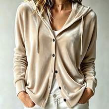 Women's Casual Front Button-Up Cardigan Jacket, Hooded Long Sleeve Design, Regular Sleeve Loose Fit Solid Color Top, Suitable For Daily Casual Wear, Travel, Campus, And Gatherings - Khaki - View 1