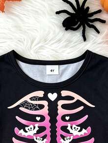 1pc Girls Toddler Casual Halloween Dress, Pink Purple Skull Little Ghost Heart Bat Spider Web Print, Soft Comfortable Knit Fabric, Suitable For Outdoor Wear, Autumn/Winter - Black - View 6