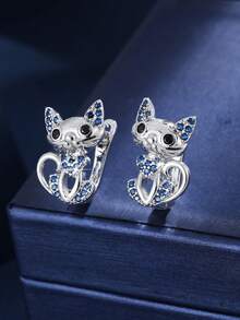 1 Pair Creative Cat Shaped Copper Material Zirconia Inlaid Women's Earrings, Daily Commute, Party, Gathering Accessories - Earrings - View 11