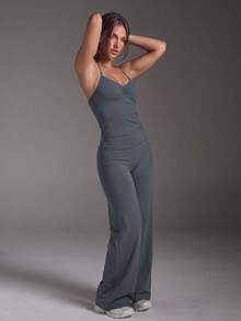 Women's 2pcs Spaghetti Strap Sports Set, Ruched Sleeveless Tank Top + High Waist Wide Leg Flare Pants, Elastic Tummy Control Yoga Outfit - Grey - View 5