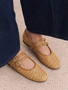 Women's Minimalist Patchwork Breathable Mesh Slip-On Square Toe Flat Brown Shoes With Adjustable Slip-On Buckle, Comfortable And Secure Fit, Suitable For Daily Commute, Dating And Vacation - Brown - View 1