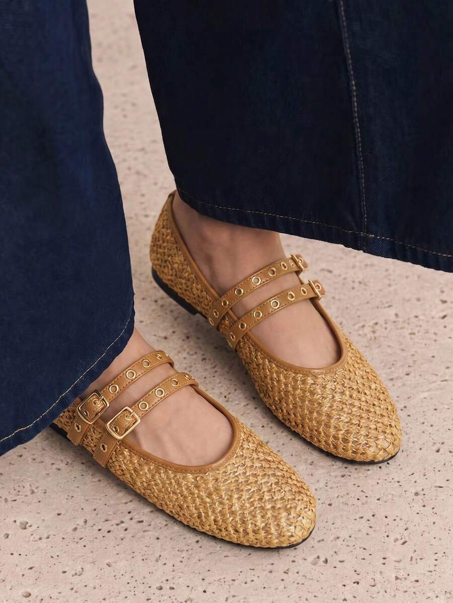 Women's Minimalist Patchwork Breathable Mesh Slip-On Square Toe Flat Brown Shoes With Adjustable Slip-On Buckle, Comfortable And Secure Fit, Suitable For Daily Commute, Dating And Vacation - Brown - View 1