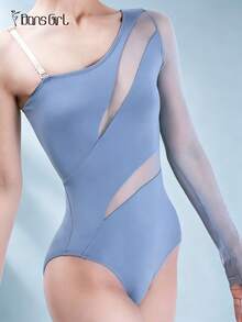 DonsGirl 1pc Women's Asymmetric One Shoulder Ballet Leotard, Mesh Patchwork High Elasticity Jumpsuit, Suitable For Yoga Practice, Stage Performance And Daily Wear - Dusty Blue - View 11