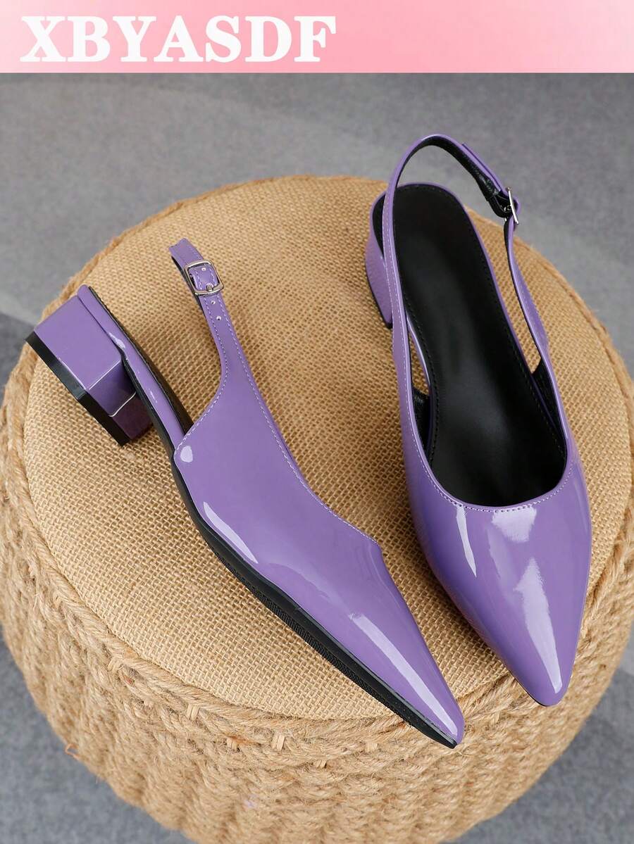 XBYASDF 2026 New Women's Purple Glossy Pointed Toe Slingback Chunky Heel Pumps, Elegant 3cm High Heel Sandals For Commute And Dating - Purple - View 1