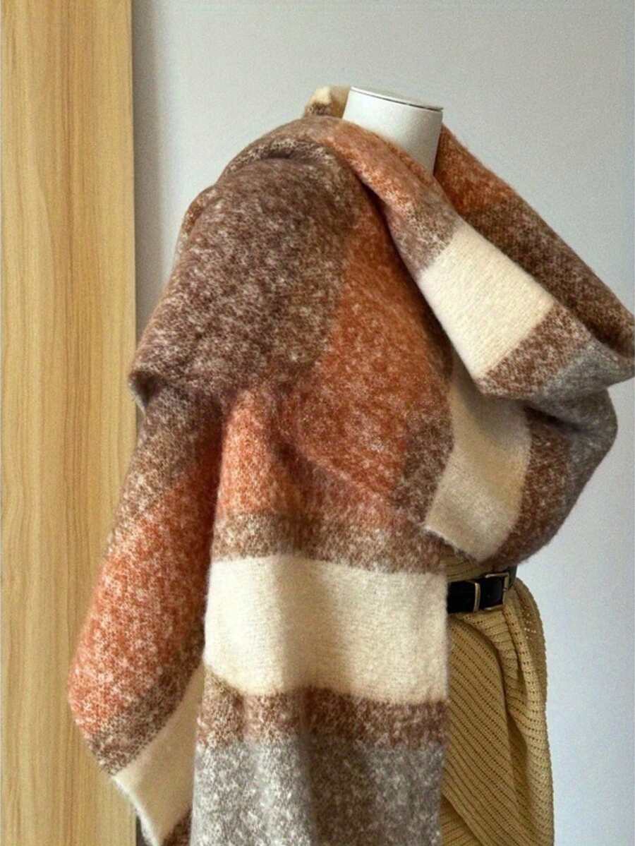 1pc Autumn/Winter New Warm Color Tassel Oversized Scarf, Versatile Cold-Proof Thick Colorblock Plaid Long Shawl, Warm Neck Warmer - Brown - View 1