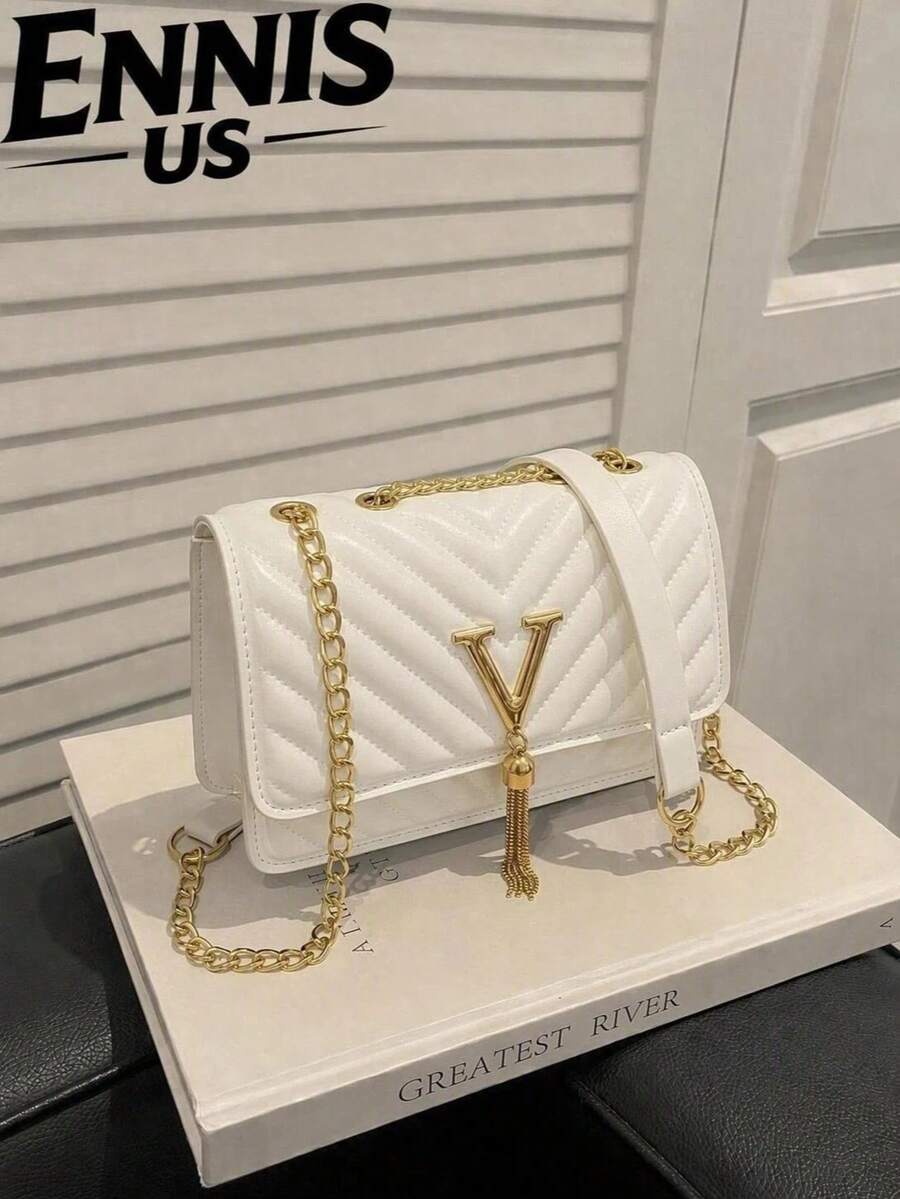 Women's Handbag, Tote Bag, Shoulder Bag, V-Shaped Bag, High-End Bag, Tassel Bag, Suitable For Holiday, Office Lady & Student, Black - White - View 1