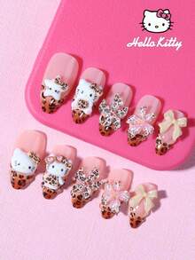 Sanrio Hello Kitty 24片 Y2K 3D凝膠長杏仁形豹紋法式穿戴甲，附可愛 Hello Kitty、蝴蝶結、星星 Hello Kitty 與凝膠花朵設計，粉色甜美女孩風，完美貼合壓克力假指甲套組，適合女生日常與派對使用 - 彩色 - 查看 3