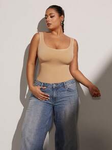 1pc Women Plus Size Seamless Shapewear Bodysuit, Waist Cinching, Tummy Control, Butt Lifting - Apricot - View 10