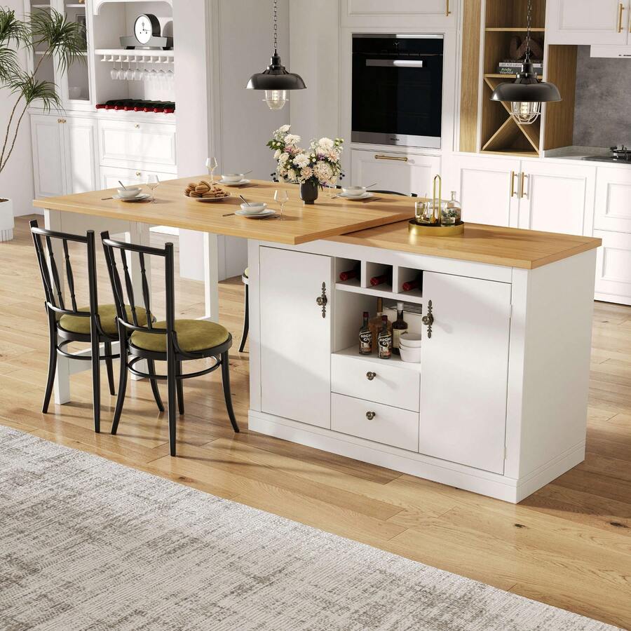 360° Rotating Bar Table With Extendable Top, Kitchen Island Coffee Bar Cabinet With Double Doors, Wine Rack, Adjustable Shelves, Drawers And Open Storage, MDF Dining Bar Furniture For Kitchen Living Room - White - View 1