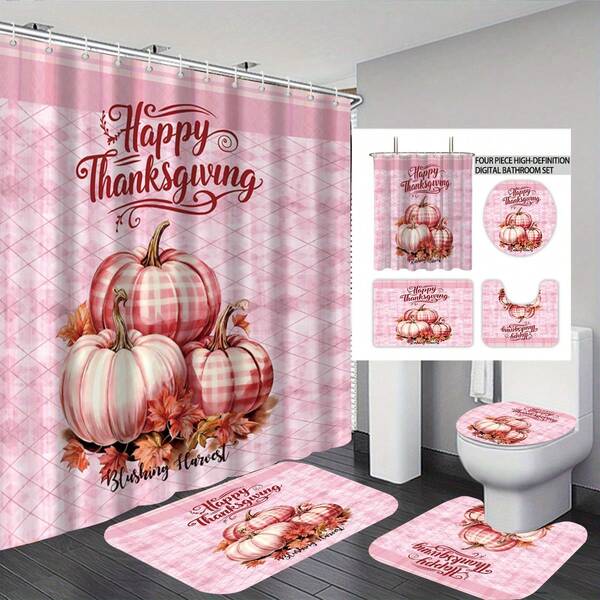 4-Piece Thanksgiving Pink Plaid Pumpkin Bathroom Set, Waterproof Shower Curtain, Bath Mat, Toilet Lid Cover, U-Shaped Rug, Multiple Sizes Available. Suitable For Home Bathroom, Guest House Bathroom, Daily Use, Holiday Gift, Atmospheric Bathroom Decor.