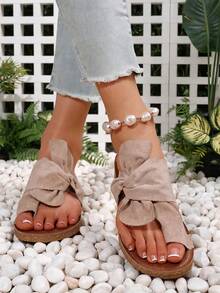 Women's Comfortable Rainbow Bow Decor Massage Bottom Flat Sandals, Colorful Beach Flip Flops,Spring Summer Outfits - Khaki - View 3