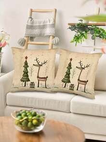 1/2/4Pcs Featuring A Deer And Tree Design In Beige And Green, Perfect For Holiday Decor. They Come With A Zipper Closure, Are Machine Washable, And Ideal For Sofa And Home Decoration - Apricot - View 4