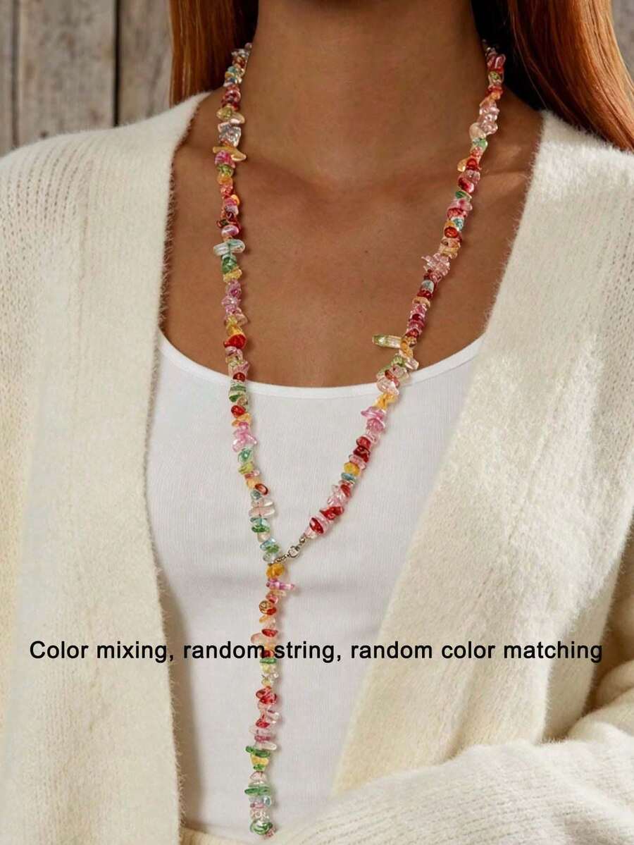 imoli 1 Set/Minimalist Elegant Bohemian Style Multicolor Asymmetrical Stone & Black Bead Double Layer Lasso Long Sweater Necklace Y-Shaped Heart Pendant Adjustable Tassel Chain, Autumn/Winter Layering Accessory, Daily Wear Date Office Neck Decor <Mixed Colors, Random Strands, Random Color Matching>