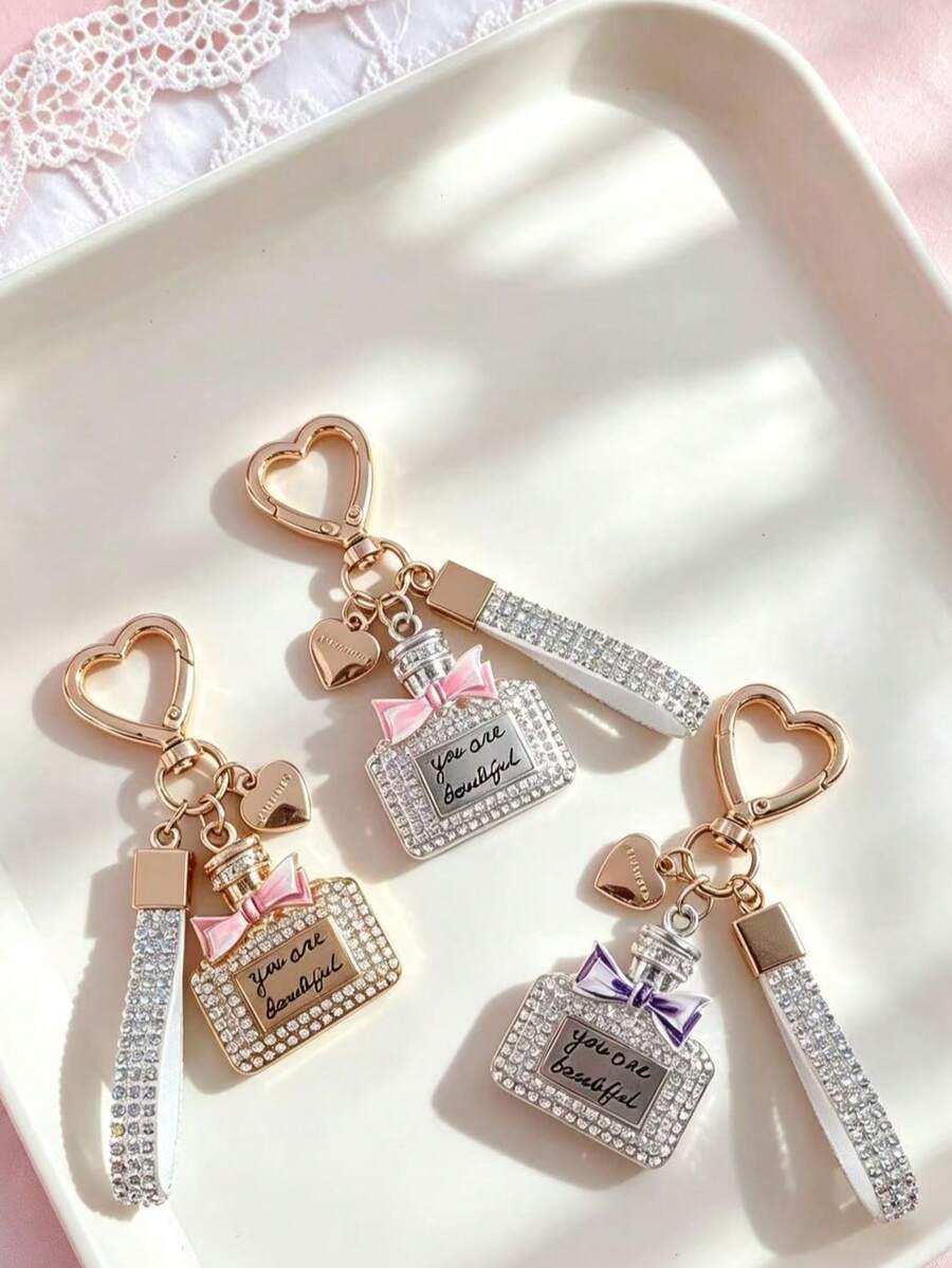 1pc High-End Rhinestone Perfume Bottle Keychain, Exquisite Cute Bag Pendant, Bowknot Best Friend Style - Multicolor - View 1
