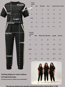 Women's New Round Neck Short Sleeve Contrast Stripe Label T-Shirt And Elastic Waist Straight Leg Pencil Pants 2 Pieces Set, Suitable For Spring, Summer And Autumn Black Elegant - Black - View 6