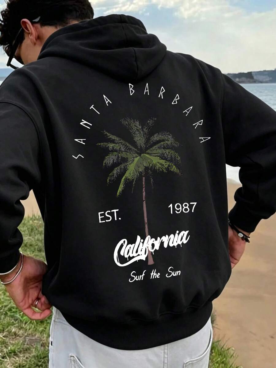 Men's Autumn/Winter Street Casual Coconut Palm Tree Print Hoodie, Back To School