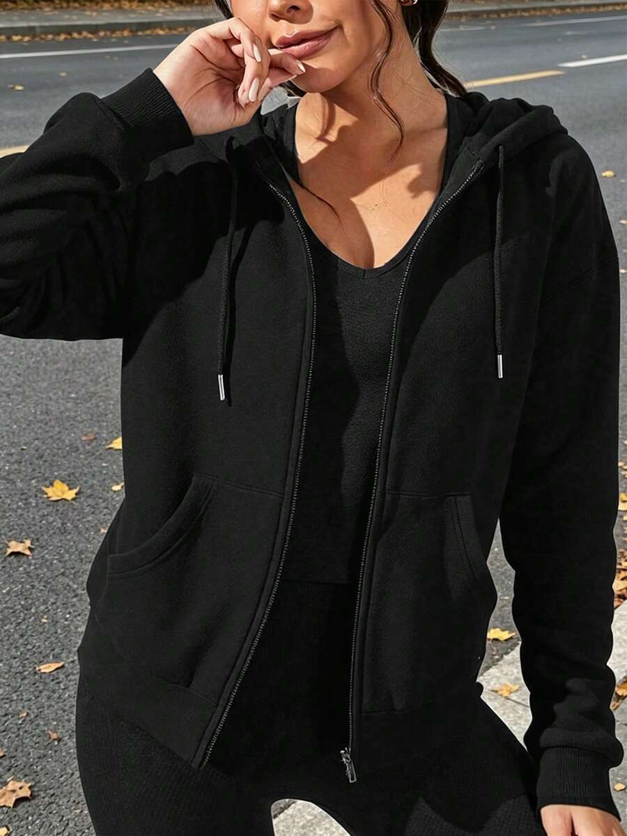 (春秋季)女式时尚运动休闲户外健身跑步连帽外套,女友风纯色连帽长袖抽绳防风户外健身运动时尚连帽衫 黑色 - 黑色 - 查看 1