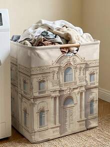 1PC Storage Basket, Laundry Hamper, Laundry Basket, Storage Bucket, House Print Design, Storage Basket With Wooden Handle, Foldable Multi‑Purpose Storage Bin, For Daily Clothes Organization - Multicolor - View 4