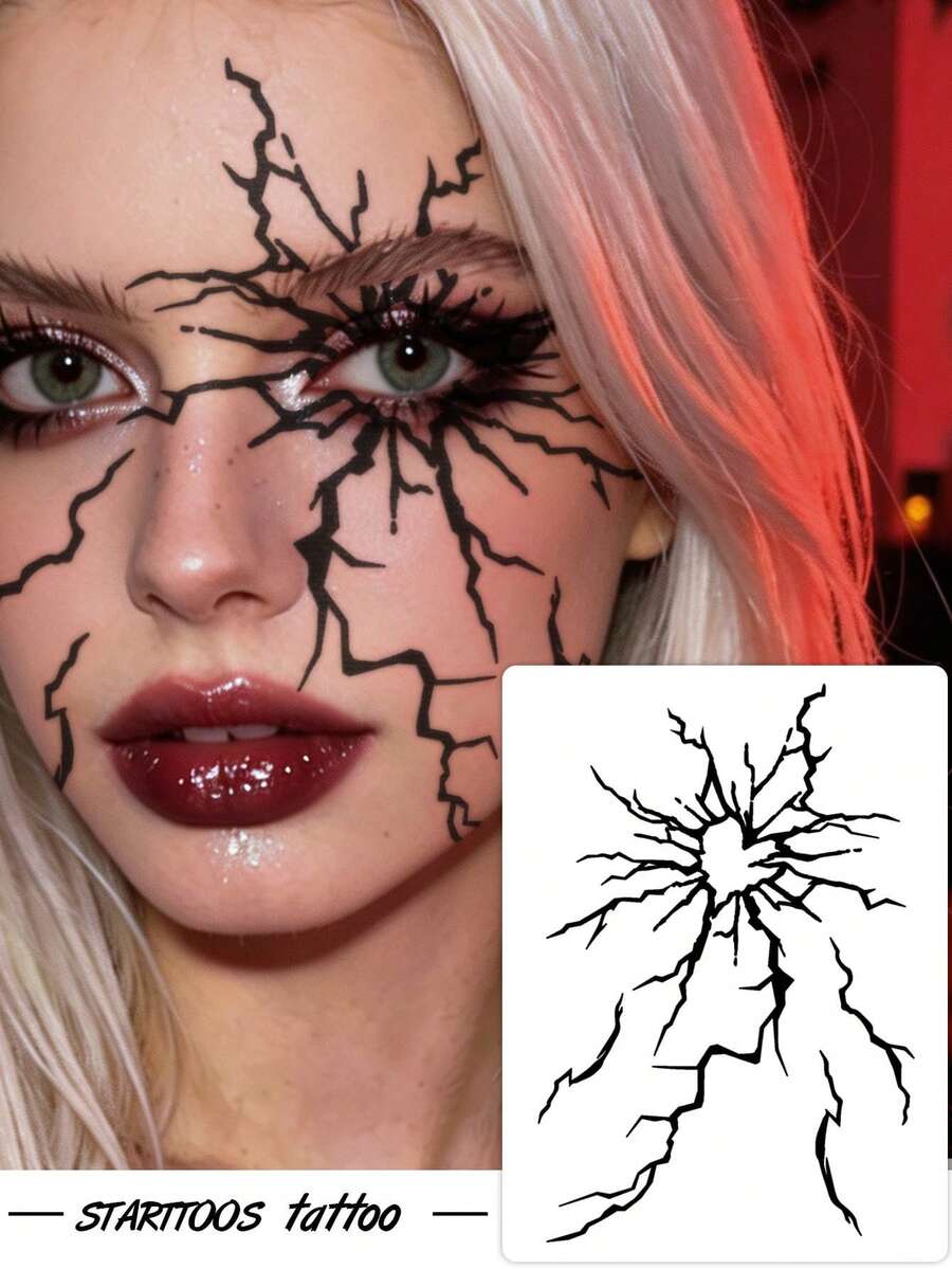 1pc Halloween Black Personalized Heart Broken Crack Pattern Temporary Waterproof Tattoo Sticker For Face And Body, DIY Party Gift For Street Wear And Music Festival - Black - View 1