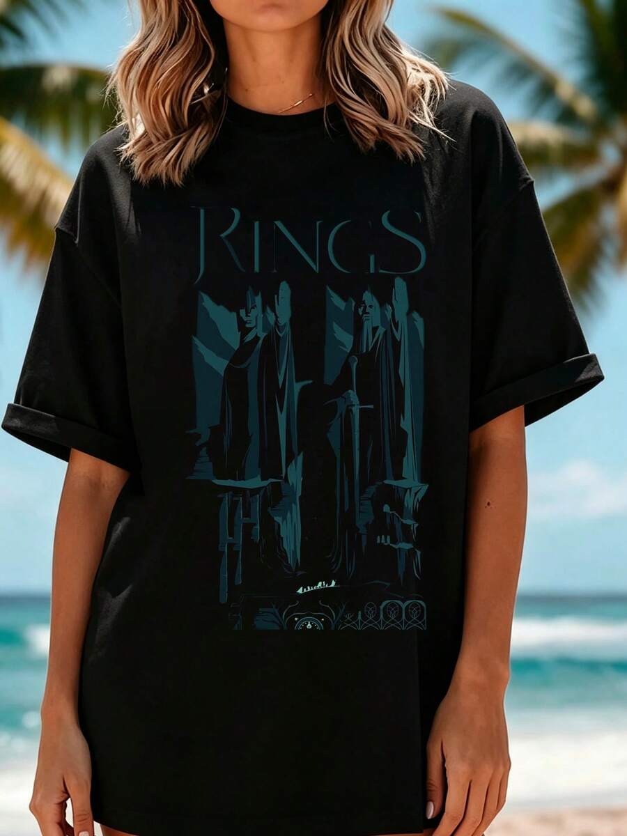 Oversized T-Shirt With Rings Fantasy Motif Print, Comfortable For Film Events, Meetups, And Casual Everyday Wear - 黑色 - 查看 1