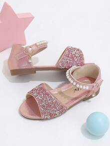 Sandal anak perempuan berwarna merah muda dengan hiasan berlian imitasi, ujung terbuka, liontin mutiara, dan penutup kait dan loop, cocok untuk pesta dan jalan-jalan musim panas. - Watermelon Pink - View 5