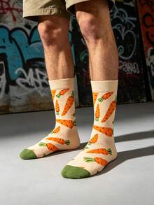 1 Pair Men's Cream Base With Orange Carrot All-Over Print Mid-Calf Socks, Fun Pastoral Style, Suitable For Spring/Autumn/Daily Wear/Campus Style - Multicolor - View 3