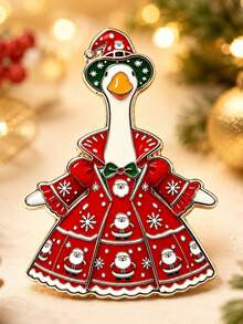 Christmas Hat Red Dress Big White Goose Brooch, Cartoon White Goose Santa Claus Print Design, Suitable For Christmas Party Fun Accessory - A - View 7