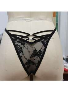 Sexy Style Butterfly Mesh Women's Thong Panties, Hollow Out Cross Strap Low Waist Underwear - Black - View 2