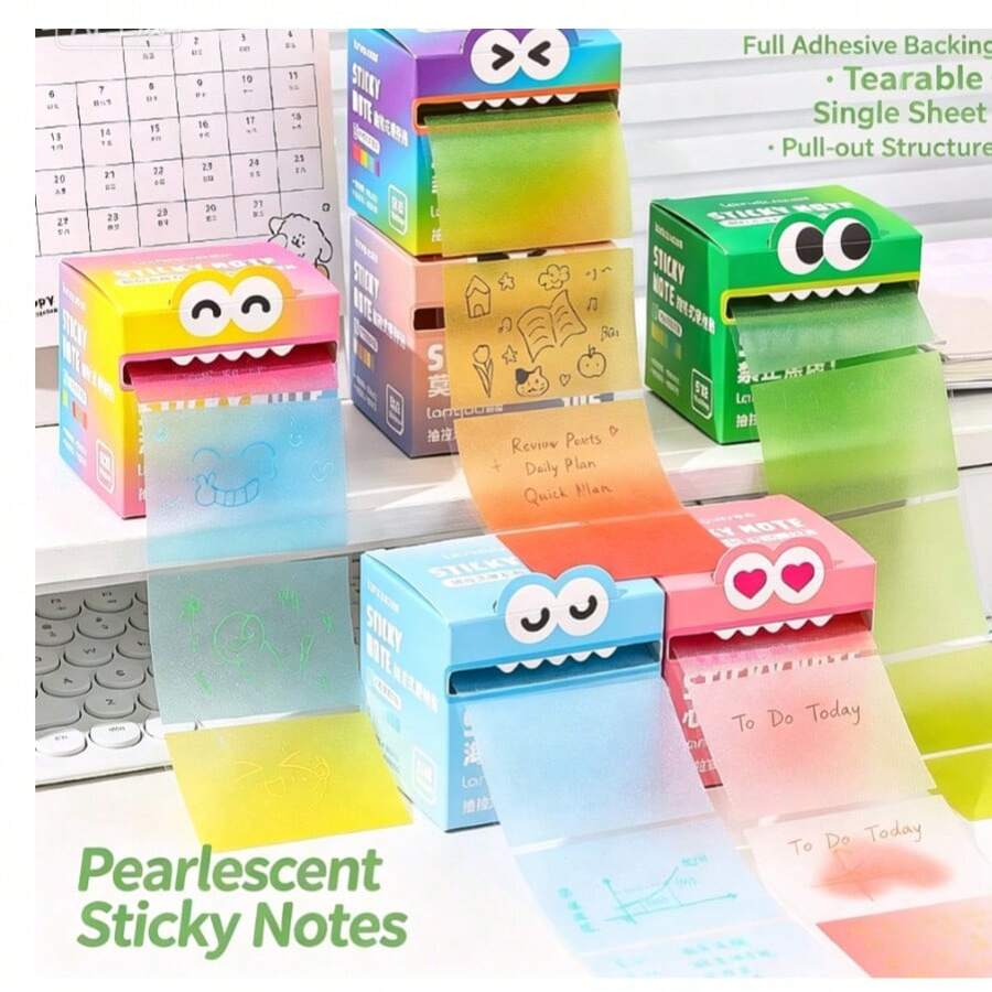 105 Sheets Pearl Texture Self-Adhesive Sticky Notes, Cute Monster Pattern Transparent Sticky Note Roll, Fun Rainbow Cartoon Memo Pad, Tear-Off Writable Pages, Creative Practical Gift For Teachers And Students Back To School Season, Suitable For School Classroom Office Desk Organization, Suitable For Color Coding Replacement, Multi-Function Planner Marker Memo Stickers - A - View 1