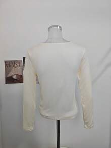 Minimalist Sexy Square Neck Rhinestone Bow Long Sleeve T-Shirt Women Early Spring Hot Girl Sweet Cool Slim Fit Flattering Base Layer Top - Apricot - View 10