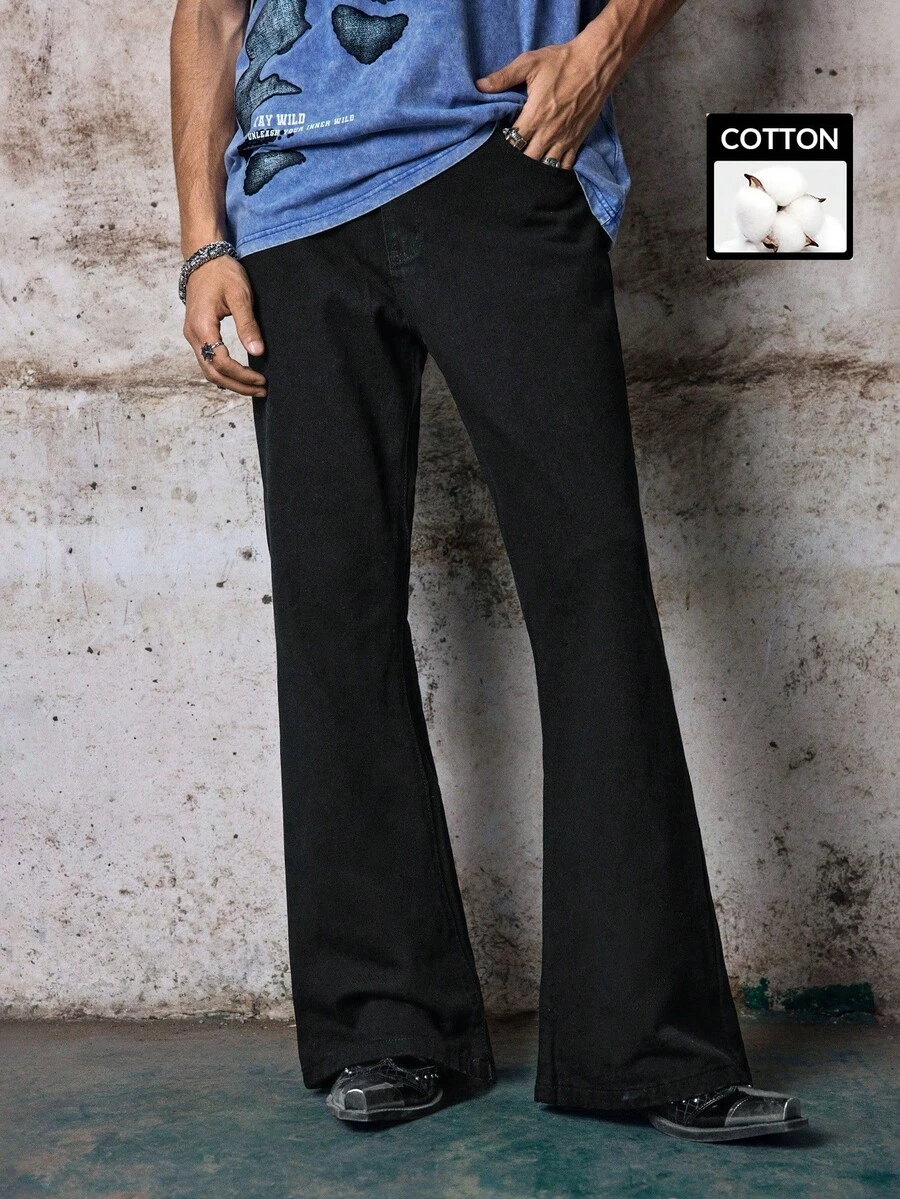 Skyrend Mens Black Flared Denim Jeans, Slim Fit Washed Cargo Pants With Pockets, Gothic Punk Emo Urban Streetwear Winter Jeans - Black - View 1
