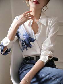 YUXIN Women's Elegant Printed Shirt, Collared Long Sleeve Button Front Regular Fit Polyester Blouse, Autumn Fashion - Blue and White - View 6