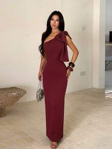 Burgundy One-Shoulder Fitted Dress Elegant - Burgundy - View 2