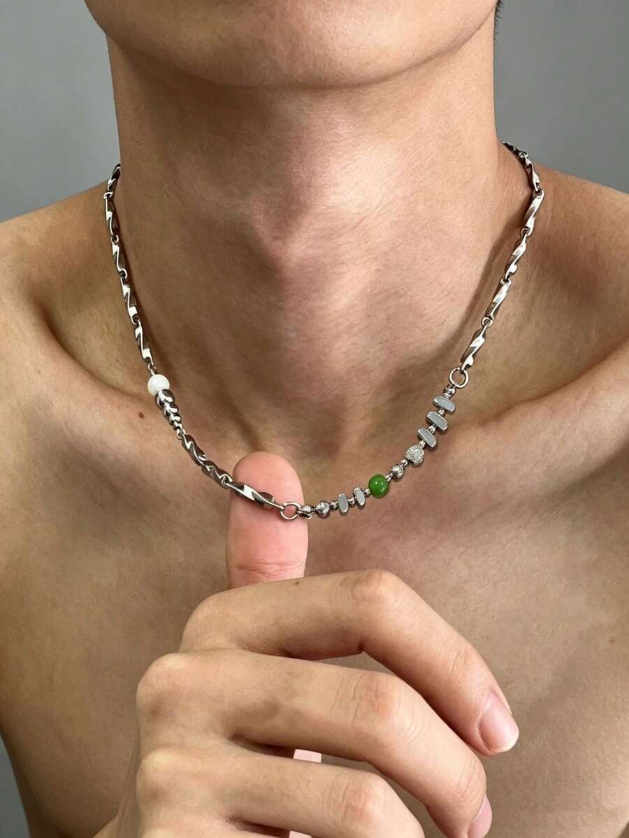 1pc Men's Necklace, Silver Titanium Steel, Faux Pearl Mobius Necklace, Exquisite Versatile Necklace, Daily Commute Wear Accessory - Silver - View 1